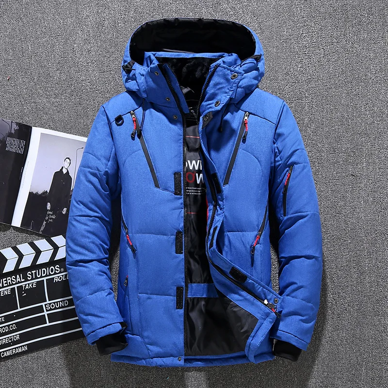 

Winter Down Coat Men White Duck Down Parkas Jacket Mens Thick Warm Hooded Jacket Overcoat Windbreaker Pockets Parka Casual Coat