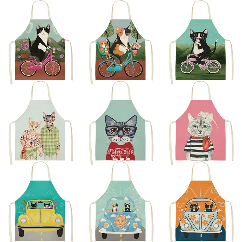 

Cute Cartoon Cat Linen Apron Kids Family Game DIY Sleeveless Aprons Home Household Kitchen Apron for Women Washable
