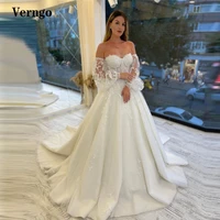 verngo elegant lace applique a line wedding dress off the shoulder puff long sleeves bridal gowns chapel train luxury 2021