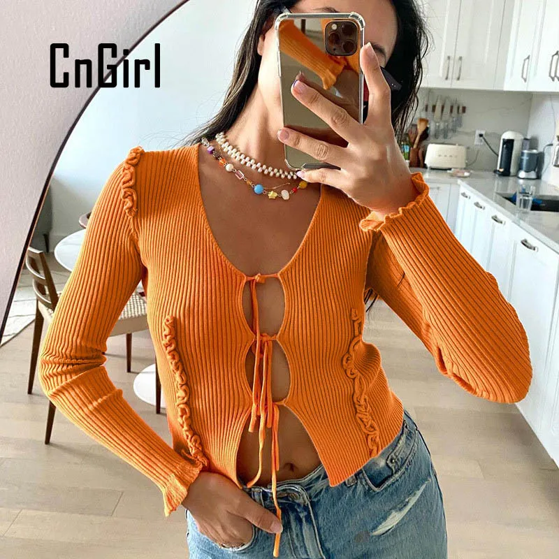 

Осень 2021, вязаный свитер CnGirl, женская мода, бандажный, с длинным рукавом и V-образным вырезом, Повседневный, однотонный, клубный женский свите...