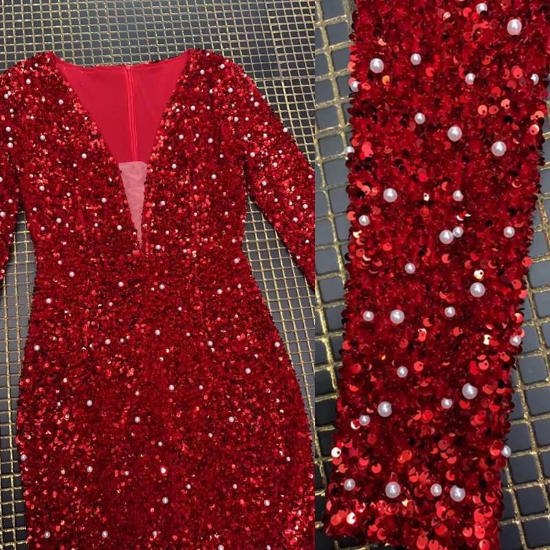 Красное модное элегантное платье с блестками и жемчугом новинка 2019 сексуальное