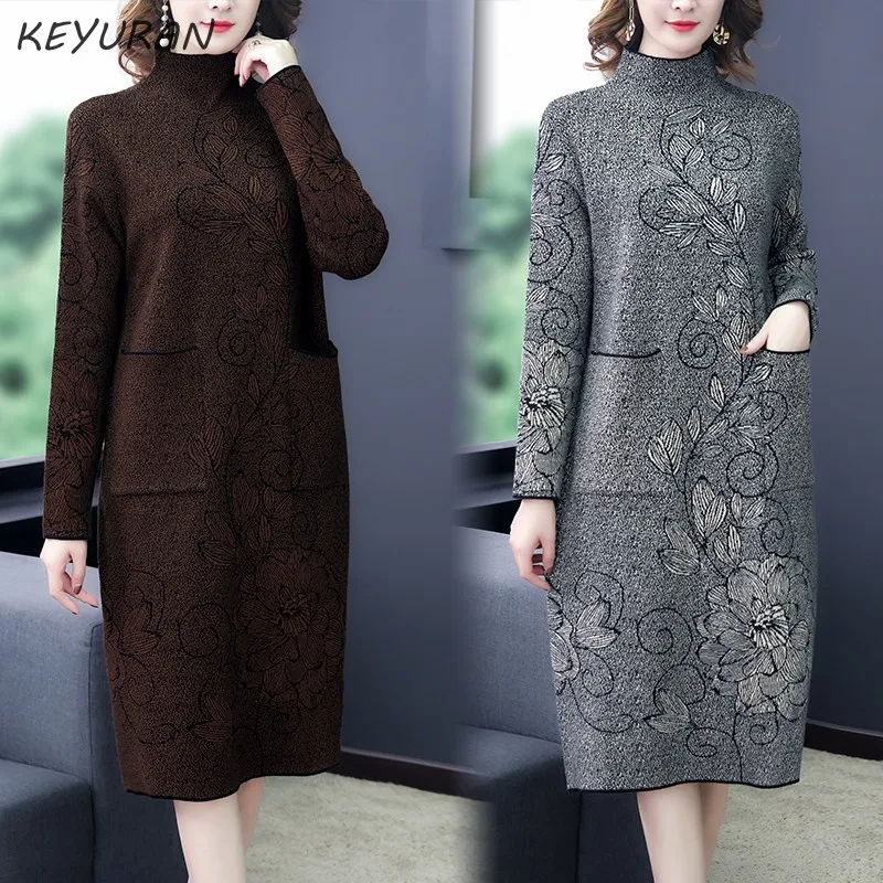 Женское зимнее трикотажное платье с высоким воротником Осеннее элегантное