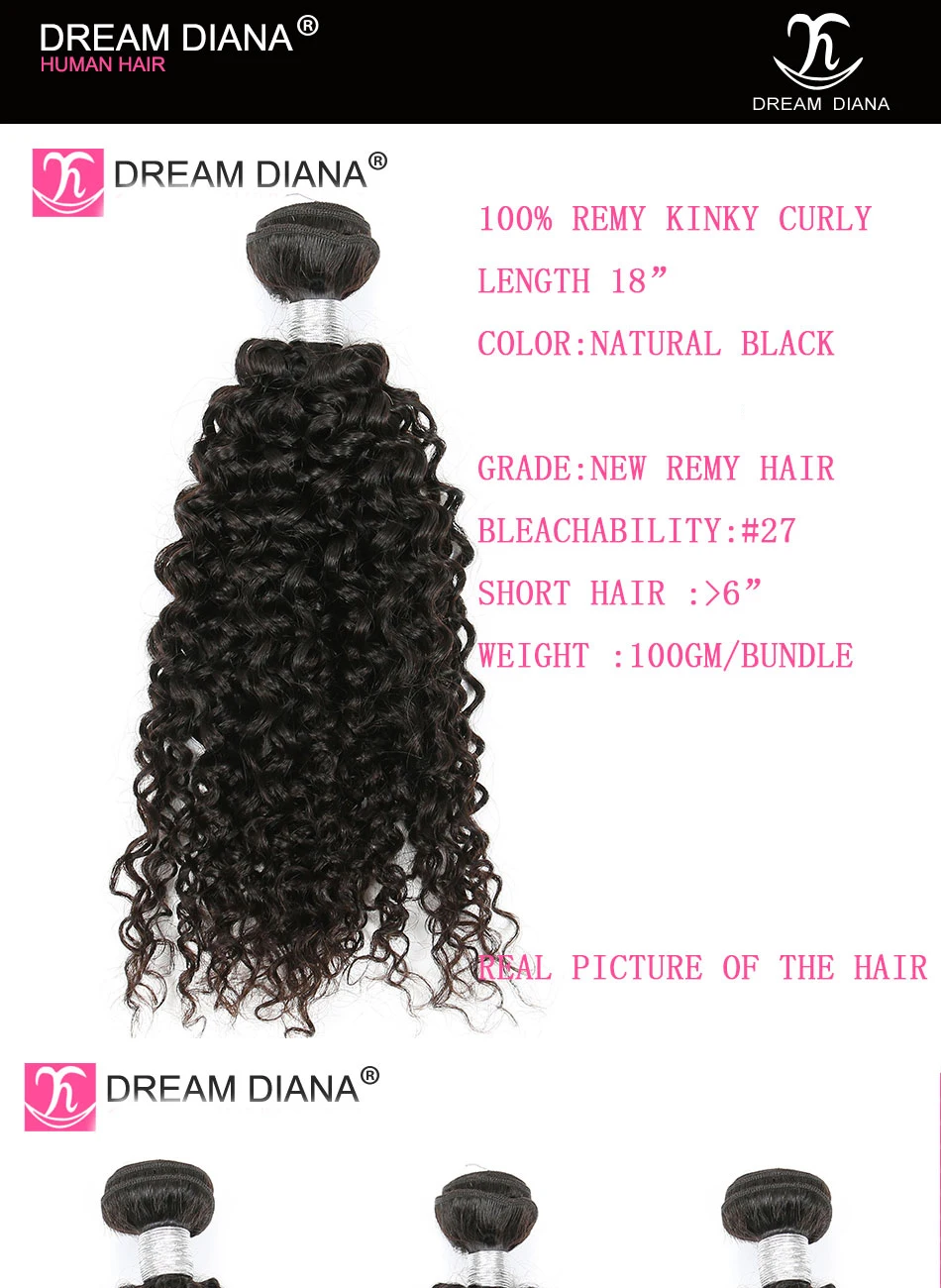 DreamDiana Brazilian Kinky Curly Hair 1/3Pcs 8"-30"Remy Weaving Hair Extension Natural Color Human Hair Bundles Low Ratio