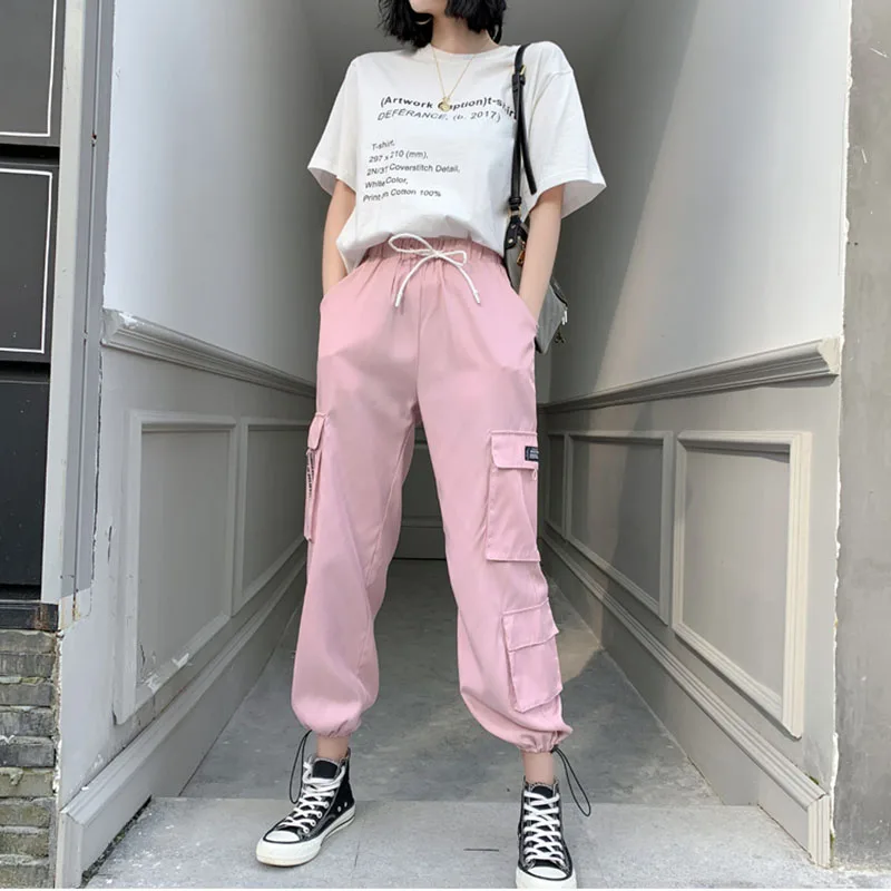 Осенняя хип-хоп женские брюки Harajuku BF, весенние штаны женские брюки высокой талией