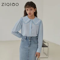 ziqiao women shirt office lady blue doll collar shirt women loose long sleeve spring 2021 new blue sweet fashion chiffon blouses