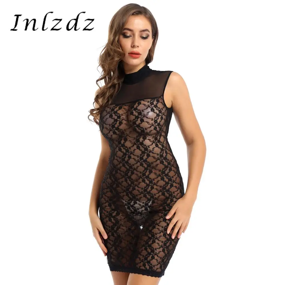 

Womens Erotic Lingerie Babydoll Dress See-through Floral Lace Halter Neck Backless Sleeveless Transparent Nightwear Clubwear