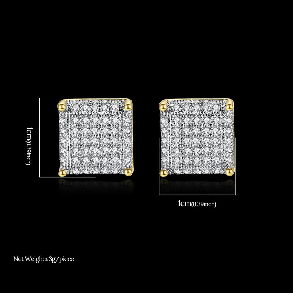 

1 New Fashion 10mm Square Cubic Zirconia Iced Stud Earring for Men Women Crystal Golden Color Ear Hiphop Jewelry Gifts Brincos
