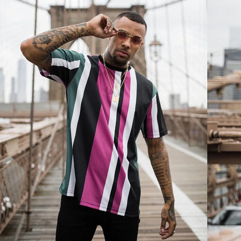 

Hip hop t shirt men 2021new fashion street summer stripe short sleeve t-shirts men tops