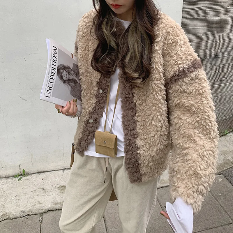 Women's Wool Hooded Jacket Lamb Fur Korean Version Of Loose Winter Fur Plush Female Sheep Shearing Short Coat Decrease Age Slim