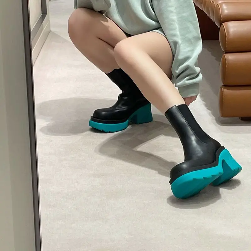 

Meotina Fashion PU Leather Med Calf Boots Women Platform Thick High Heel Shoes Round Toe Slip On Ladies Boots 2021 Autumn Green