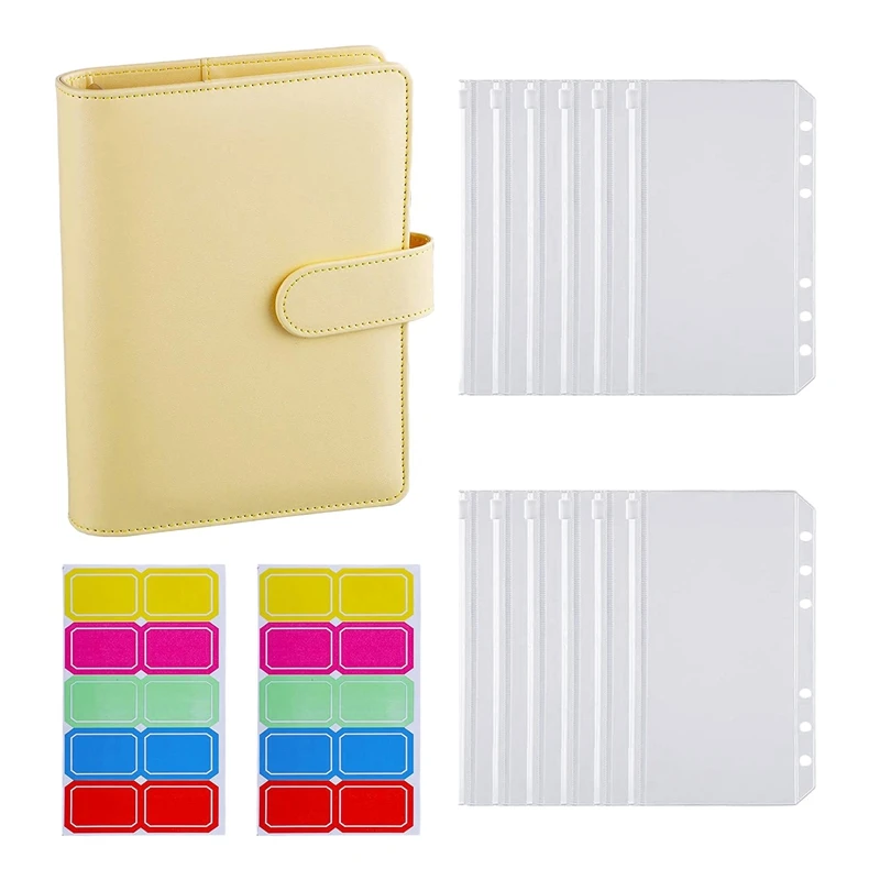 

A6 PU Leather Binder Cover with 12PCS A6 Binder Pockets Loose Leaf Bags 6 Ring Cash Budget Envelopes System