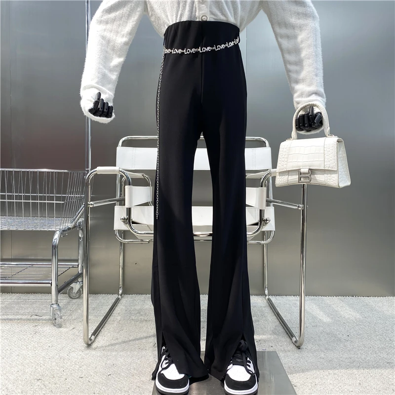 

New Brand Niche Design Slit Micro Flare Casual Pants Personality Fashion Letter Chain Elastic Waist Loose Straight Leg Pants