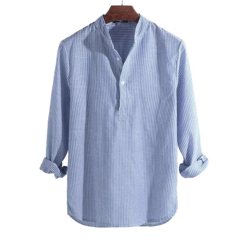 

201 New Oversized Cotton Long Sleeve Mens Shirts Spring Summer Striped Slim Fit Stand Collar Shirt Male Clothes 4XL