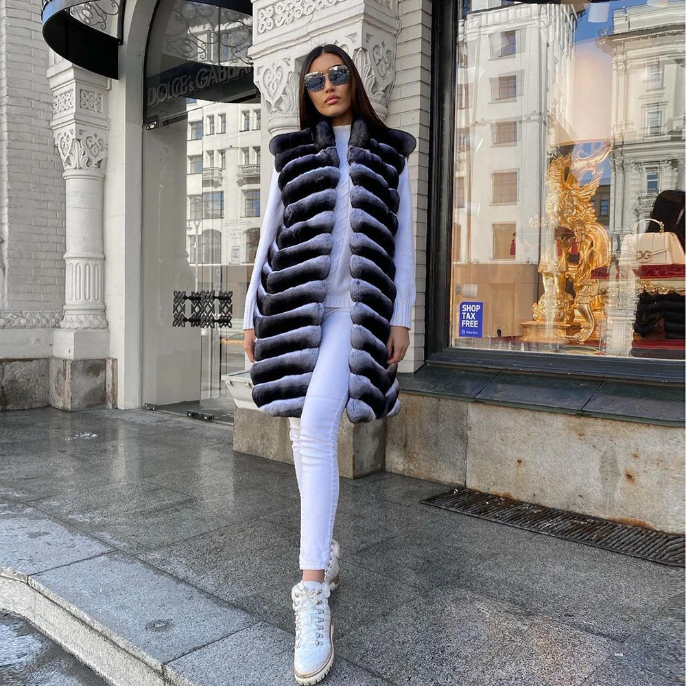Winter Fashion Real Rex Rabbit Fur Vest Chinchilla Color Natural Whole Skin Genuine Rex Rabbit Fur Vest Stand Collar Overcoats
