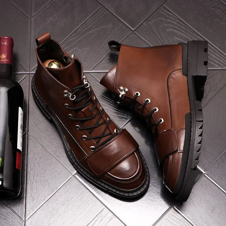 

ERRFC Fashion Mens Brown Ankle Boots Round Toe Lace Up Trending High Top Office Career Shoes For Man Black Motorcycle Boots