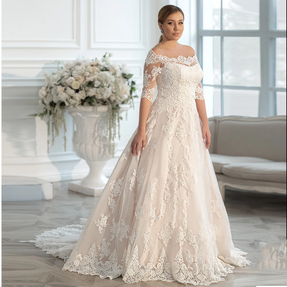 

Ivory Off-The-Shoulder Boat Neck Wedding Dresses A-Line свадебное платье Court Train Short Bridal Gowns Applique Floor-Length