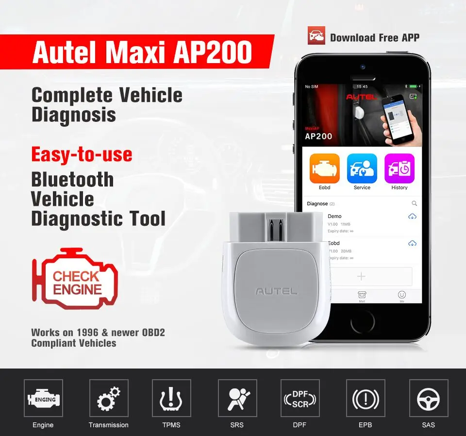 Autel AP200 Bluetooth считыватель кодов с полной диагностикой систем AutoVIN TPMS IMMO сервис ODB2 диагностический инструмент