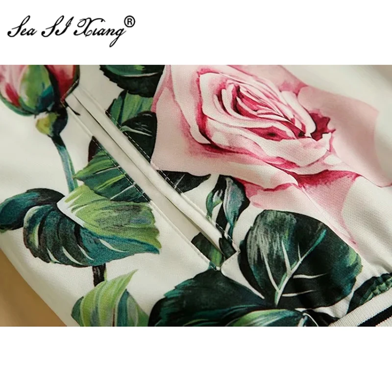 

Seasixiang Autumn Women's Casual Suits Stand Collar Long Sleeve Jackets + Drawstring Long Pants Rose Flower Print Two piece set