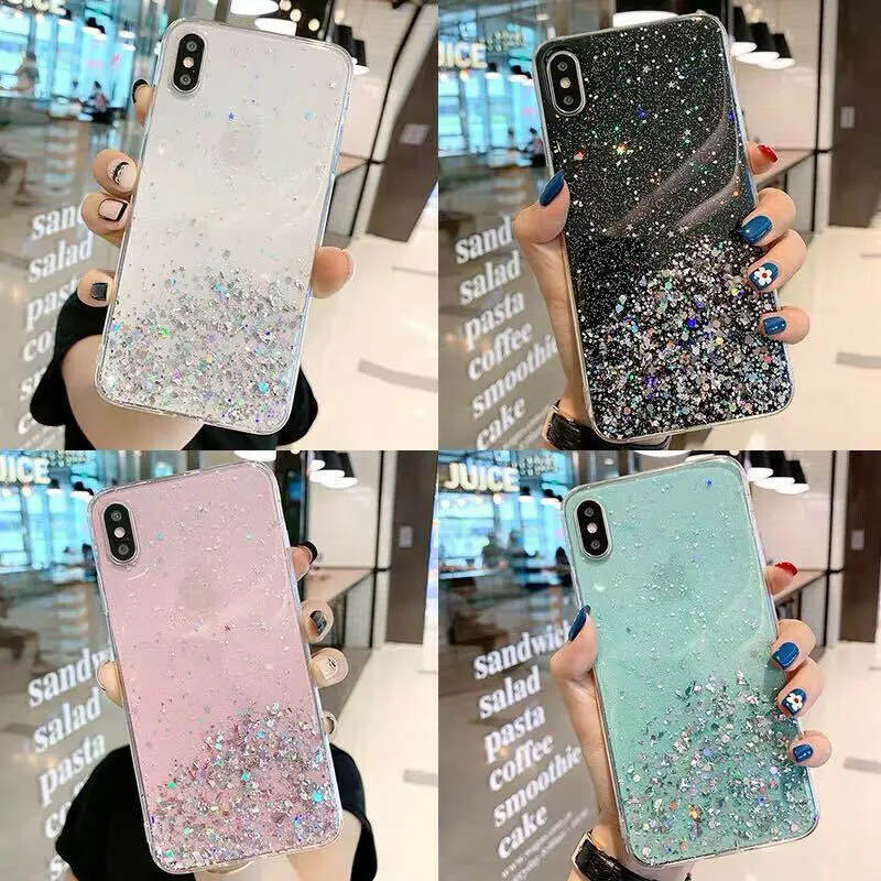 

Case For iPhone 13 12 11 Pro Max SE XR XS 7 8 Plus Glitter Silicone Hard Cover