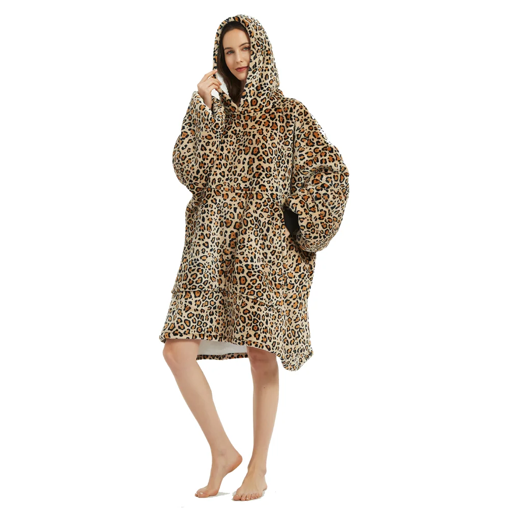 Oversized Blanket Hoodie Leopard Large Blanket Sweatshirt Robe Sherpa Fleece...