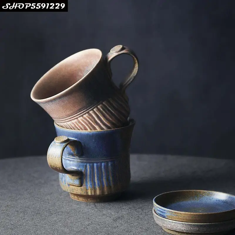

380ml Japanese B Retro Ceramic Coffee Cup and Saucer Office Stoneware Single Tea Mug Modern Home Kiln Change Breakfast Milk Cup