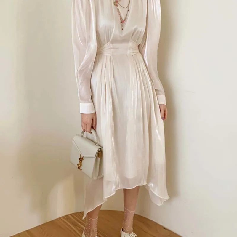 

Женское платье-макси Wenfly, бежевое, с круглым вырезом, с длинным рукавом, в Корейском стиле, повседневное, свободное