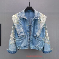 european cargo heavy industry embroidered hot rhinestone denim jacket women spring and autumn new loose and thin long sleeve top
