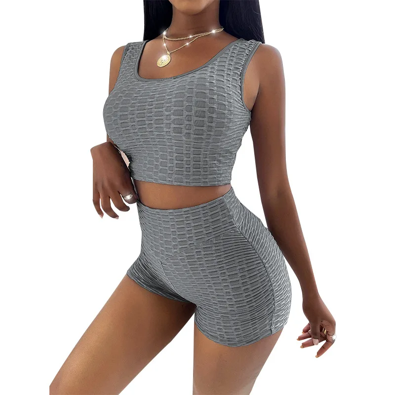 

2021 European and American summer new women's pineapple grid solid color shorts sports vest suit women