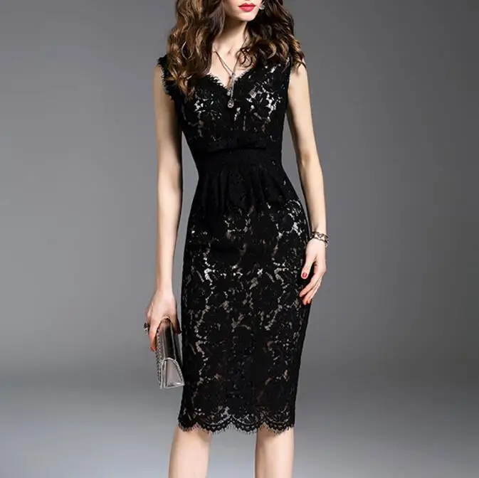 

Black Lace Dress Women 2020 High Quality Summer Bodycon Slim Elegant Dresses Office Lady OL Work Sexy V Neck Female Vestidos