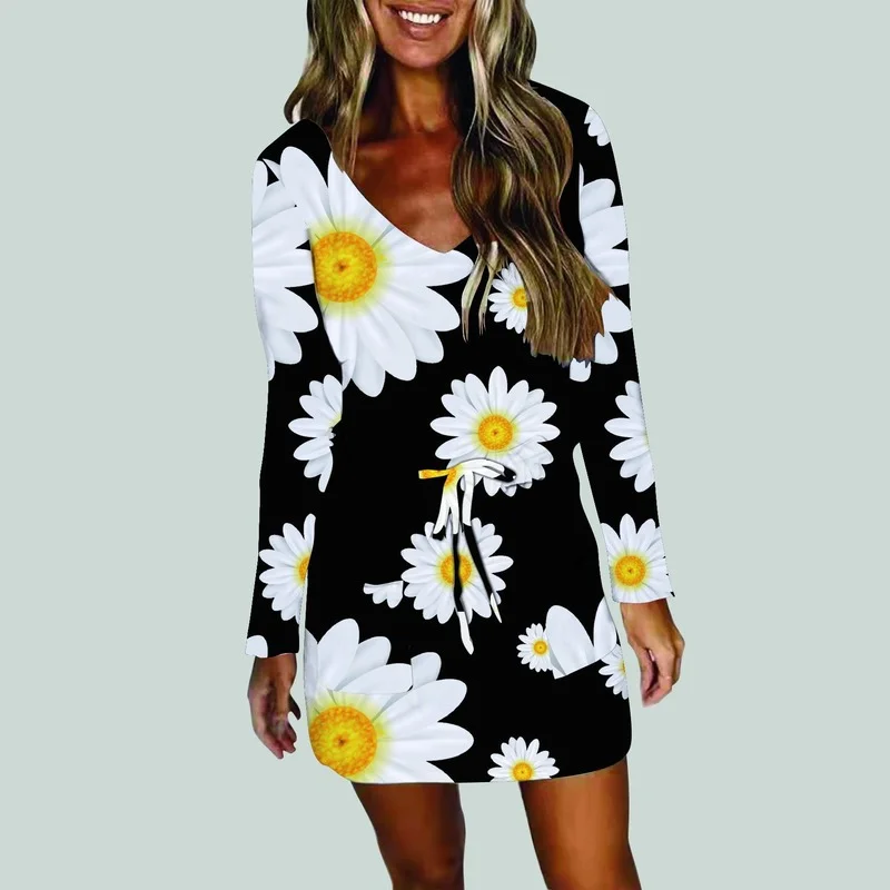 

Spring and Autumn Striped Pattern Pocket Casual Women's Dress Long Sleeve V-neck Loose Dress