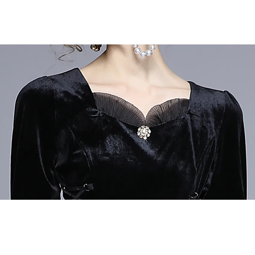 

French Style Dress Autumn Long Sleeve Elegant Vintage Velvet Dress Winter Lace Up Waist Midi-calf Dresses Women Ropa Mujer 2020