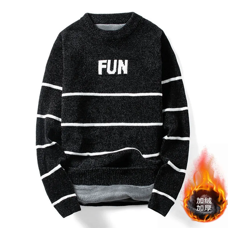 

2019 Men Sweater Plush thickened O Neck Striped Slim Fit Knittwear Mens Sweaters Pullovers Men Pull