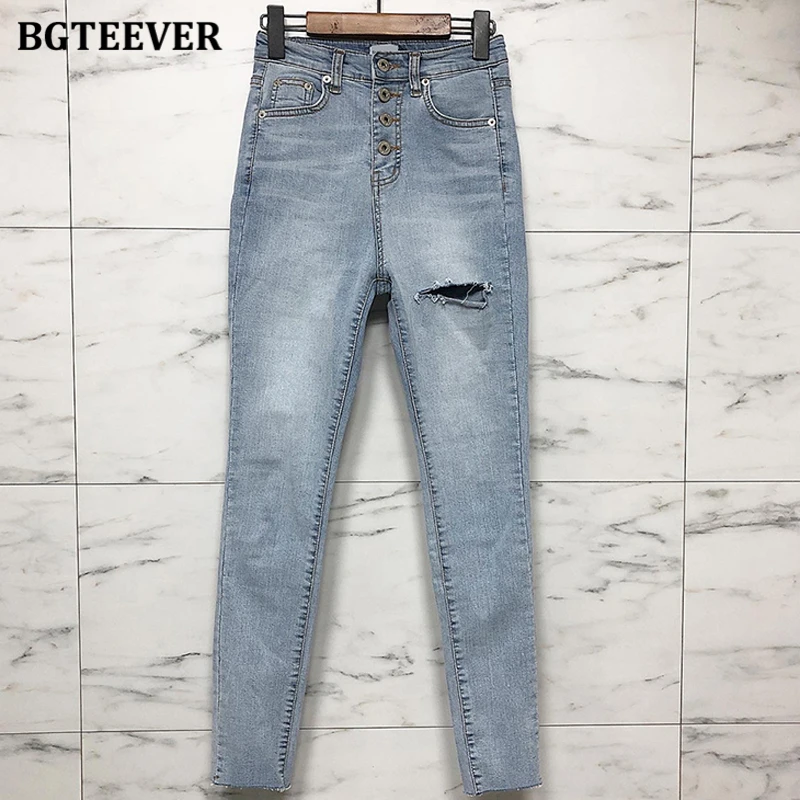 

BGTEEVER Chic Summer High Waist Single-breasted Women Jeans Pants High Street Holes Denim Skinny Jeans Female 2020 Stretchable