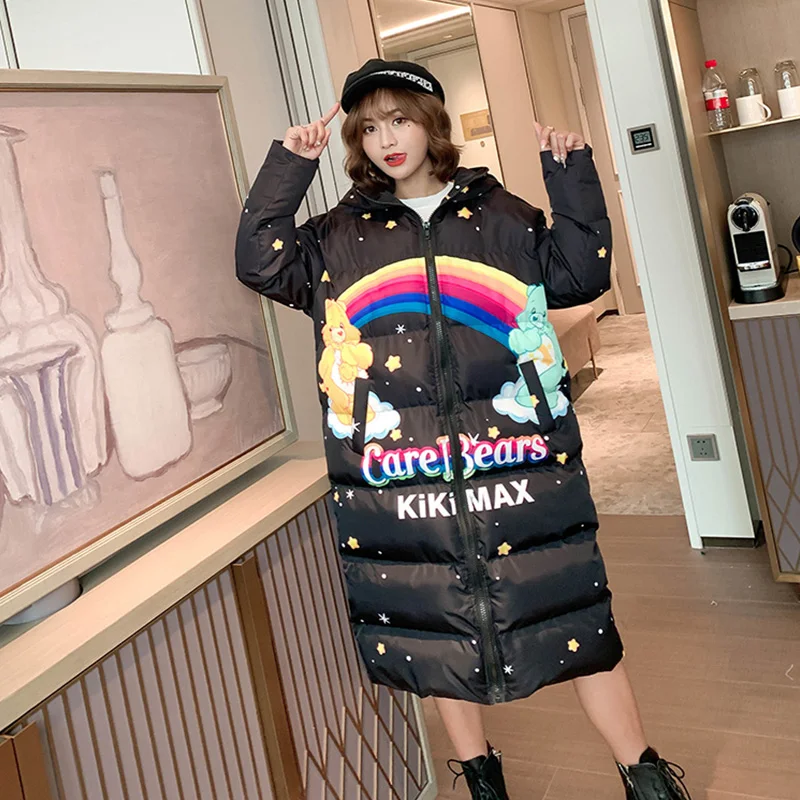 Зимняя мода 2020 длинные пальто с капюшоном мультяшным принтом женские толстые