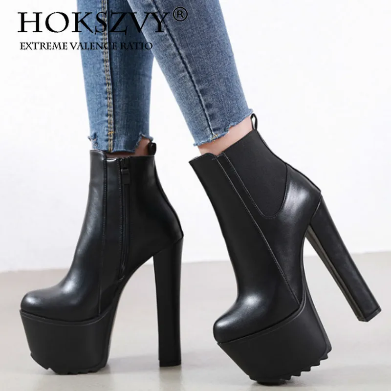 

HOKSZVY/зимние женские ботильоны на высоком каблуке; Черные женские ботинки из искусственной кожи с круглым носком на молнии; Женская обувь на ...