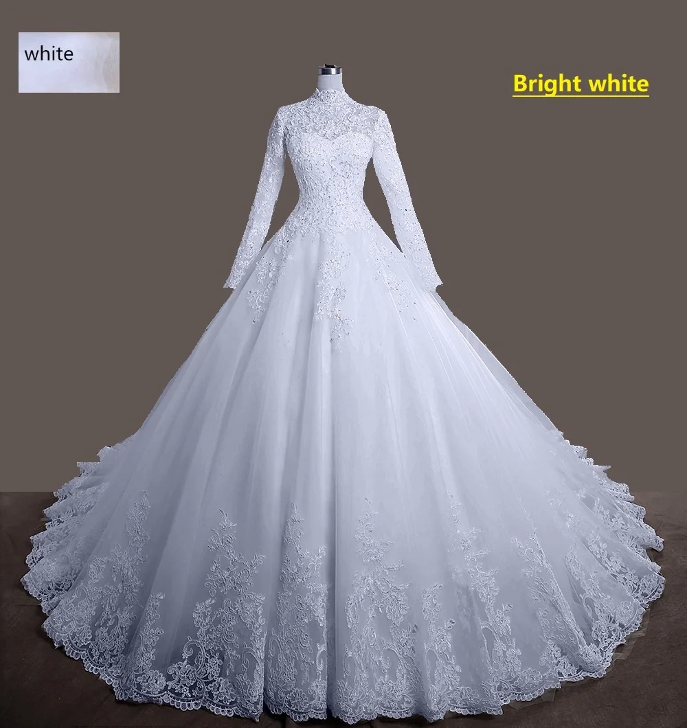 

Muslim Wedding Dress 2020 Elegant High Neck With Train Princess Bride Dress Luxury Lace Embroidery Wedding Gown Vestido De Noiva