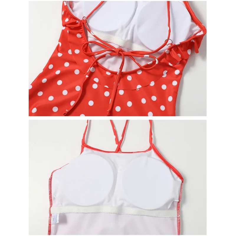 

Ruffle One Piece Swimwear Women 2021 New Backless Bandage Swimsuit Monokini Female Lady Polka Dot Swim Bodysuit Red Bathing Suit