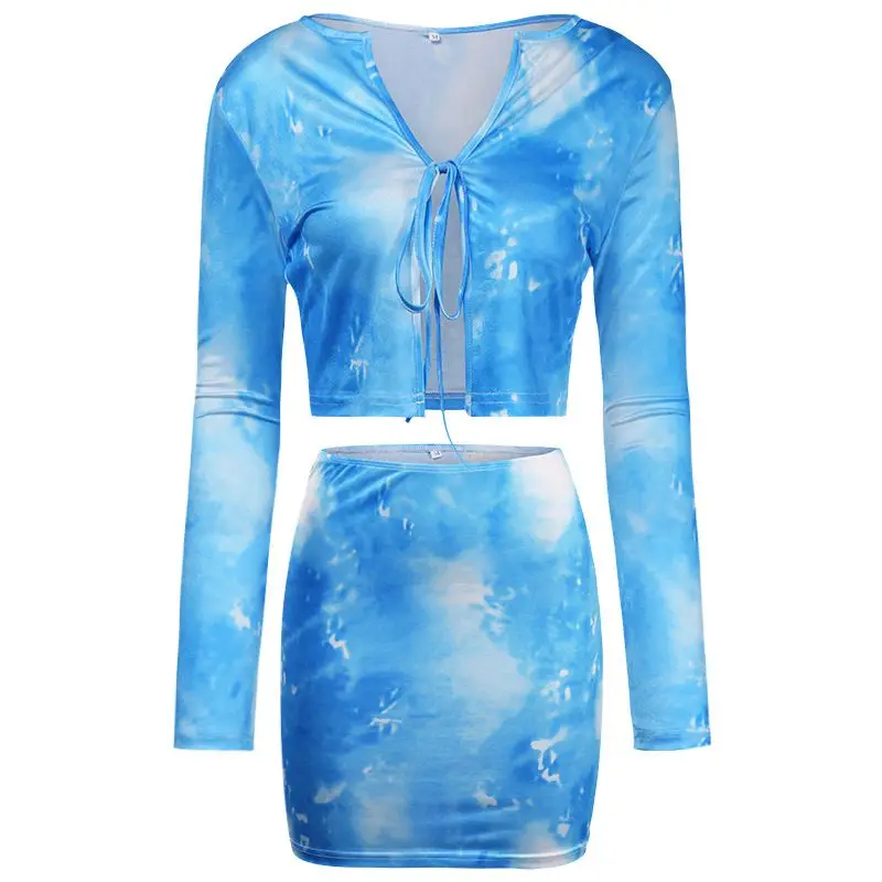 

TNNAOFF Tie Dye 2 Piece Skirt Set for Women Bandage Hollow Out Crop Top Sexy Bodycon Mini Dresses Streetwear Club Matching Sets