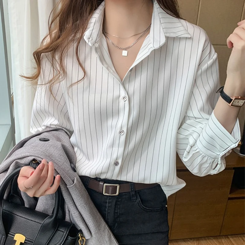 

White Striped Blouse Women Spring Autumn Fashion Turn-down Collar Long Sleeve Loose Shirt Office Lady Work Business blue Shirts