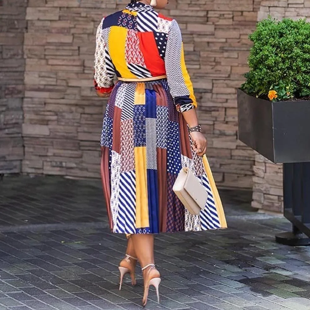 

2020 Office Lady Bow Collar Print Mid-Calf Dress African A-Line Color Block Party Pleated Geometric Spring Women Dresses