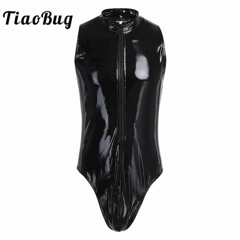 Мужской черный слитный купальник из лакированной кожи без рукавов сексуальный