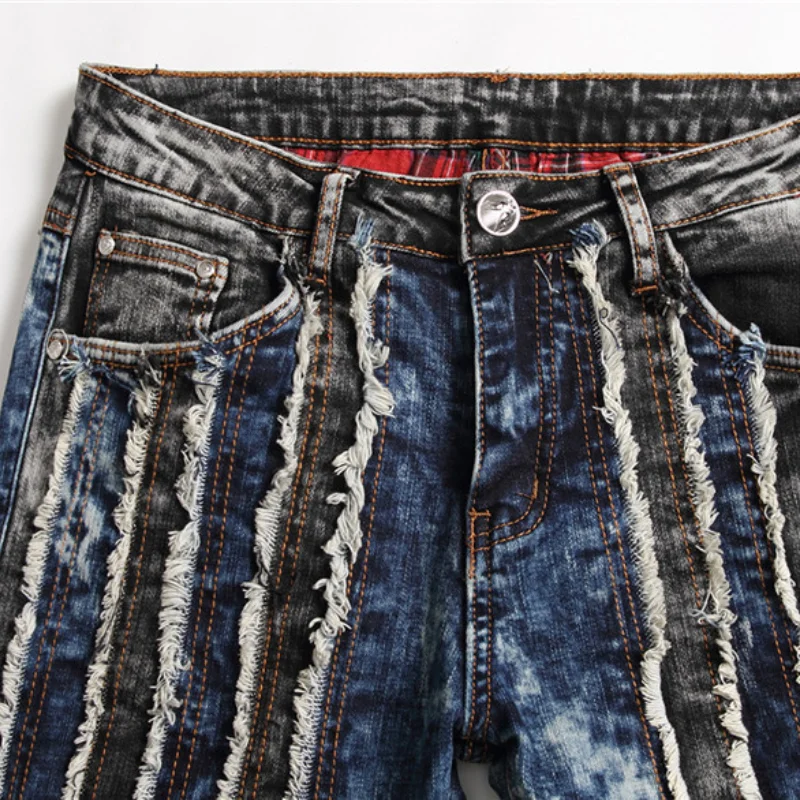 2021 Vibe Style Color Block Patchwork Retro Washed Men Pencil Jeans Trousers Hip Hop Stretch Slim Denim Pants Pantalones Hombre