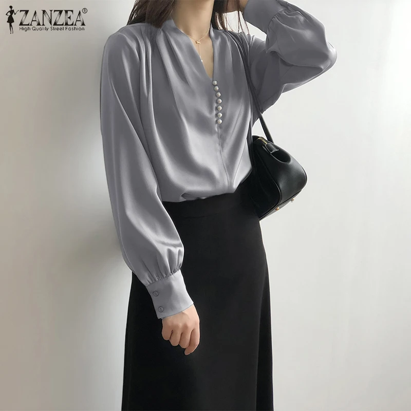 

Bohemian Elegant Casual Satin Work Holiday Shirt 2022 ZANZEA Autumn Women Long Sleeve Blouse V-Neck Solid Elastic waist Chemise
