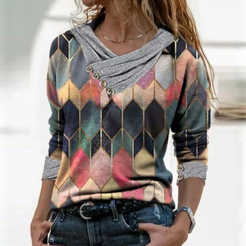 

Spring Tops Women's t Shirt Long Sleeve V-Neck Soft Comfortable Print Plaid Women Clothing New Fashion Female T-Shirt