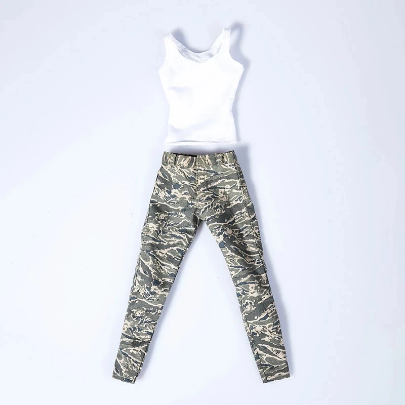 

1/6 Female Soldier ABU Camouflage Pants White Vest Set Clothes Model TYM039 Fit 12'' Action Figure Body