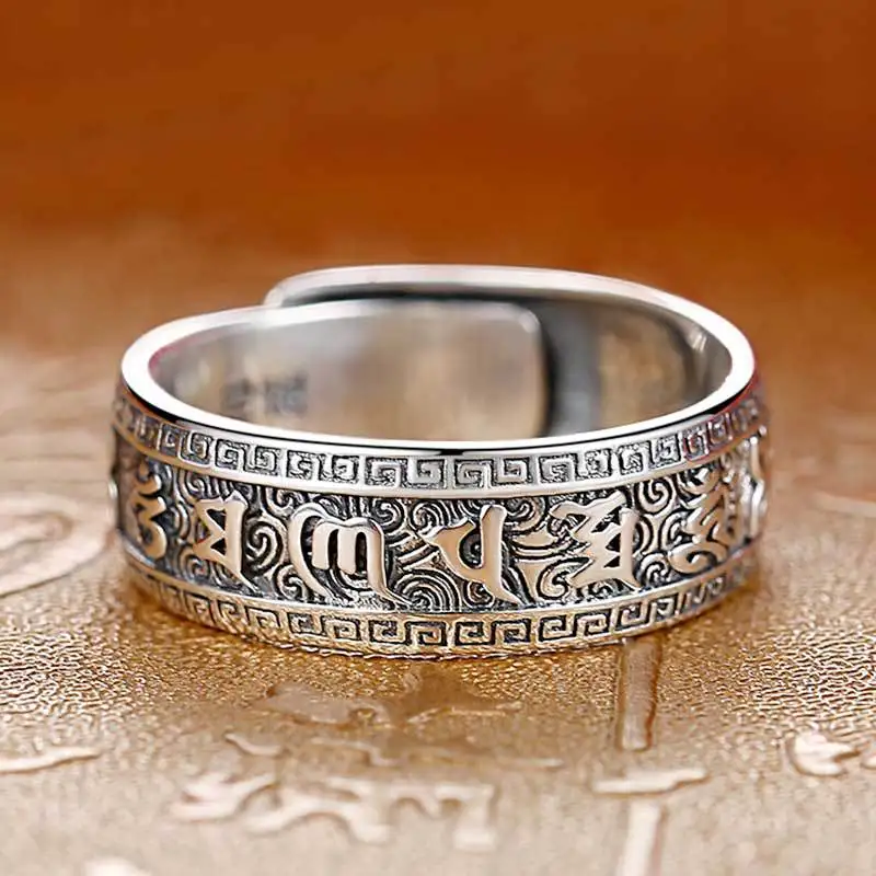 

Fashionable men and women S925 silver-plated vintage embossed six-character mantra ethnic style personality open rings J399