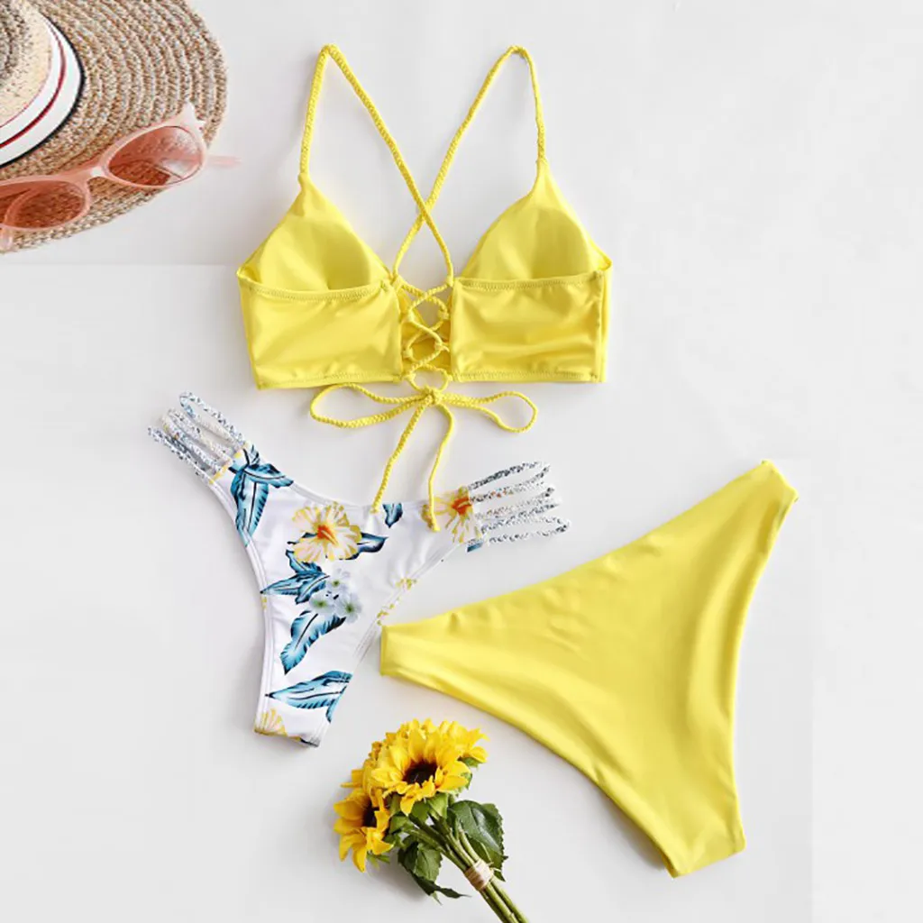 Лето 2021 бикини пляжная одежда Женский комплект с принтом купальник из трех