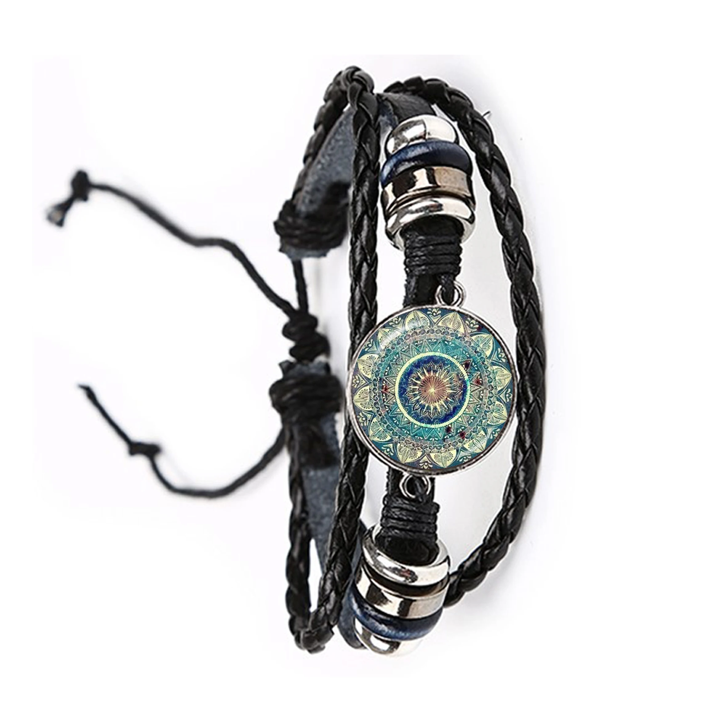 Кожаный браслет с изображением мандалы хна рандезен буддизм 20 мм стеклянный