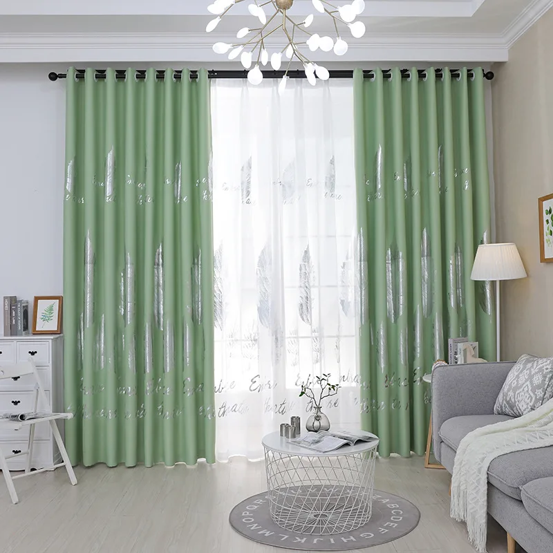 

New Leaf Bronzing Printing Curtains Nordic Luxury for Living Room Bedroom Study Shading Hot Silver Curtains Tulle Custom