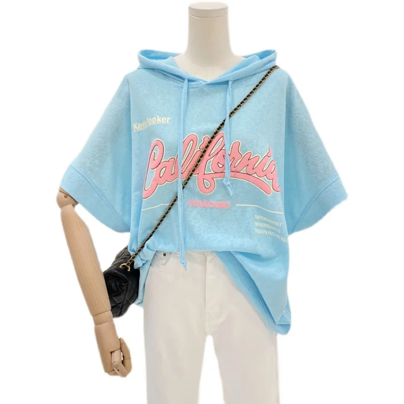 

Contrast Color Letter Print Loose plus Hooded T-shirt Women's Short Sleeve Summer New Versatile Half Sleeve Student Top Fashion